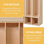 Sleekline 5-Section Toddler-Sized Coat Locker with Bench, Kids Furniture, Natural