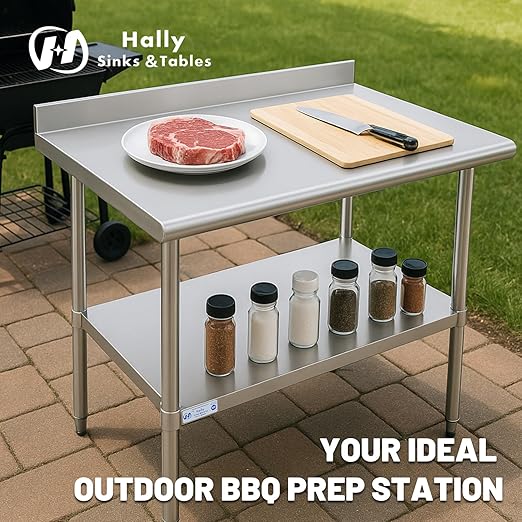 Hally Stainless Steel Table for Prep & Work 14 x 72 Inches, NSF Commercial Heavy Duty Table with Undershelf and Backsplash for Restaurant, Home and Hotel