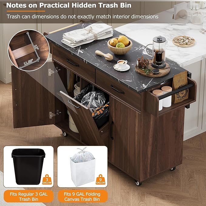 51" Moveable Kitchen Island with Trash Can Storage Cabinet, Kitchen Cart with Drop Leaf, Spice Rack, Towel Rack and Drawer, Rolling Kitchen Island on 5 Wheels with Adjustable Shelf