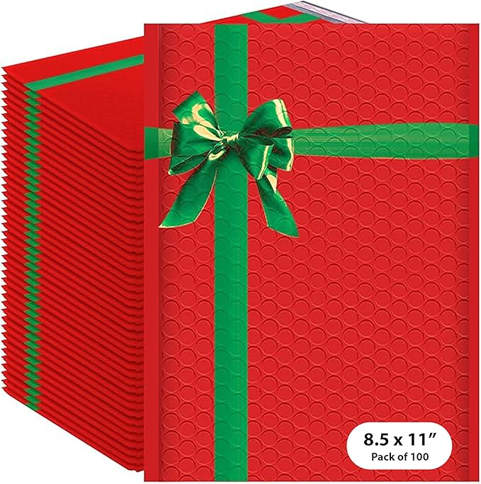Christmas Poly Bubble Mailers | #2 Cushion Mailer, 8.5"x11" | Self Seal | Holiday Themed, Red Green Gift Packaging Envelope | Xmas Padded Envelopes | Shipping Bags Mailing Envelopes | 100 pack Bulk