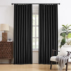 Black Linen Pinch Pleated Blackout Curtains & Drapes 105 Inch Long 2 Panel Sets, Accordion Style Track Room Darkening Thermal Insulated Curtains with Hooks Back Tab 50 by 105 Inch