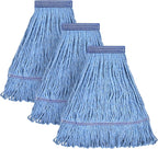 Matthew Cleaning Heavy Duty Mop Head Commercial Replacement for General and Floor Cleaning , Wet Industrial Blue Cotton Looped End String Head Refill (Pack of 3) Blue