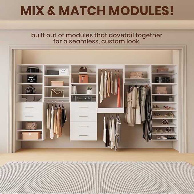ROOMTEC 28.5" Tall Hanging Closet Unit, Modular Closet System with Hanging Rod, Wardrobe Organizer for Bedroom or Walk-in Closet, Wall Mounted, Customizable Clothes Storage Unit, White