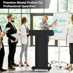 Tredre Podium Stand with Wheels for Lectern Presentation, Heavy-Duty Metal Pulpits for Offices, Classrooms, Conferences and Churches, Scratch-Resistant Surface, Hidden 2-Tier Storage, 46.5”H Black