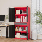 Metal Garage Storage Cabinet with Locking Doors and Drawer, 71" Steel Tool Storage Cabinet with Adjustable Shelves for Garage,Office,Warehouse (Red Black)