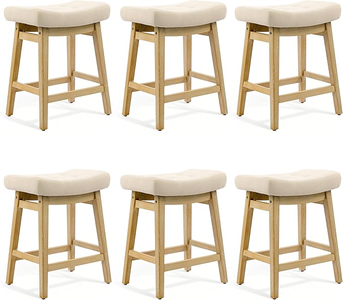 Counter Height Bar Stools Set of 6 for Kitchen Counter, Backless Farmhouse Kitchen Island Barstools with Upholstered Fabric Saddle Seat and Solid Wood Legs Modern 24 inch Bar Chairs, Khaki