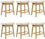 Counter Height Bar Stools Set of 6 for Kitchen Counter, Backless Farmhouse Kitchen Island Barstools with Upholstered Fabric Saddle Seat and Solid Wood Legs Modern 24 inch Bar Chairs, Khaki