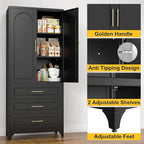 Metal Kitchen Pantry Storage Cabinet with 3 Drawers，75 Inch Black Food Pantry Cabinets for Kitchen Storage with 2 Adjustable Shelves,Tall Storage Cupboard for Living Room,Dining Room Office