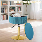 Adjustable Vanity Stool with Storage, 360° Swivel Makeup Stool Chair Small Velvet Round Ottoman with Gold Base for Bedroom (Blue)