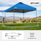 CROWN SHADES Adjustable Height on The Fly, 10x10 Pop Up Canopy - Beach Tent with One Push Setup - Easy Outdoor Sun Shade for Events, Parties, Camping - Outside Shade with STO-N-Go Bag, Blue
