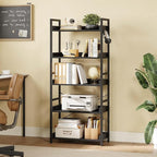 Rolanstar Bookshelf 5 Tier with 4 Hooks, Industrial Wood Bookcase, Vintage Storage Rack with Open Shelves, Rustic Standing Bookshelves Wood Frame Display Rack for Living Room, Bedroom, Black