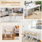 18-Inch Leather Vanity Stool Chair, Vanity Bench with Metal X-Leg, Ottoman Accent Stool with Thick Padded Saddle Seat, Beige