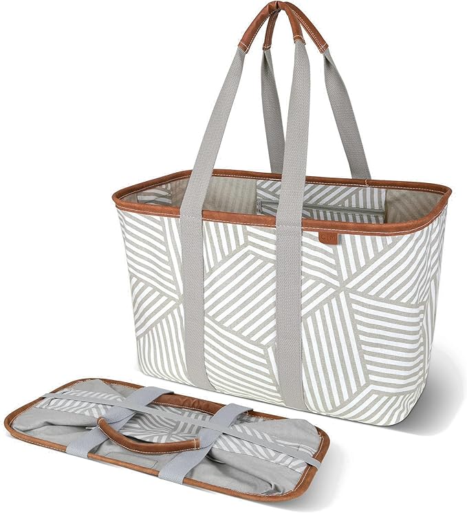 CleverMade Snapbasket LUXE Collapsible Tote - Geometric Taupe 1 Pack 30L / 8 Gal - Reusable Grocery Collapsible Storage Shopping Organizer