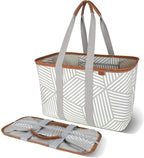 CleverMade Snapbasket LUXE Collapsible Tote - Geometric Taupe 1 Pack 30L / 8 Gal - Reusable Grocery Collapsible Storage Shopping Organizer