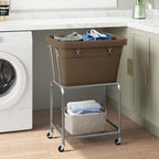 ELYKEN Laundry Cart with Wheels, Rolling Laundry Hamper with Removable Bag and Shelf, Metal Frame Laundry Basket with 4 Casters and 2 Brakes, Ideal for Bedroom, Bathroom, Laundry Room, Camel Brown