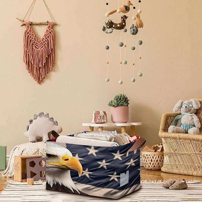 Eagle American Flag Storage Basket Large 17x11.5x10.5 Inches - Patriotic Collapsible Organizer Bin with Handles for Home,Closet,Toys - Foldable Decorative Hamper with USA Flag Design - Single Pack
