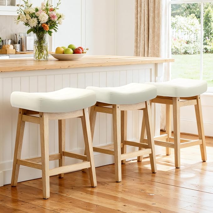 Counter Height Bar Stools Set of 3 for Kitchen Counter Backless Farmhouse Kitchen Island Barstools with Upholstered Faux Leather Saddle Seat and Solid Wood Legs Modern 24 inch Bar Chairs, White