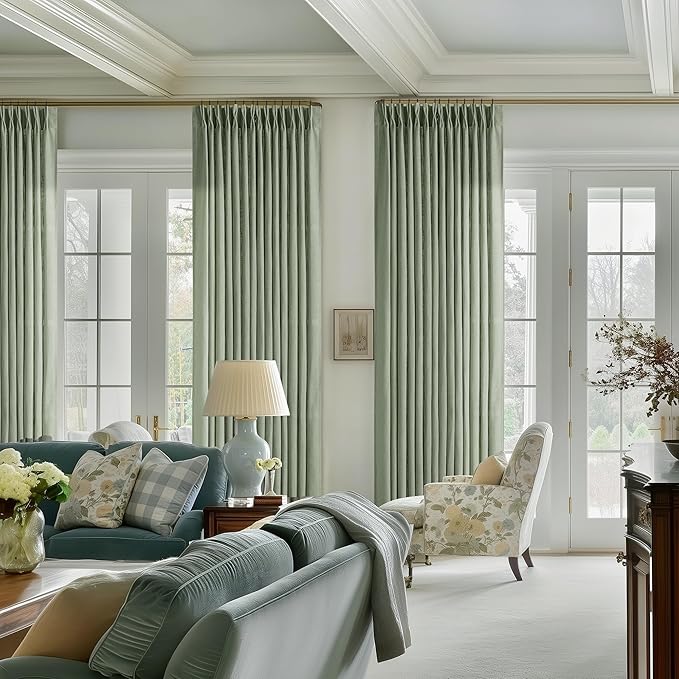 Green Linen Curtains 108 Inches Long 2 Panels Set for Living Room Farmhouse Boho Linen Textured Pinch Pleated Memory Shape Light Filtering Ceiling Semi Sheer Window Curtain Hook Rings Sage Green