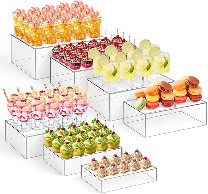 Leinuosen 7 Pcs Large Buffet Risers Set 6" to 12" Acrylic Display Box Catering Dessert Table Riser Food Display Decorative Stand with Hollow Bottom for Catering Supplies(Clear, Rectangle)