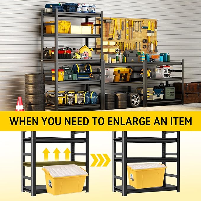 Garage Shelving Units, Heavy Duty 5-Tier Storage Shelves, Metal Adjustable Storage Rack, Steel Shelves, 2750 lbs Capacity, Industrial Shelving for Heavy Tools (Black, 5TIER 16"Dx32"Wx63"H, 5TIER)