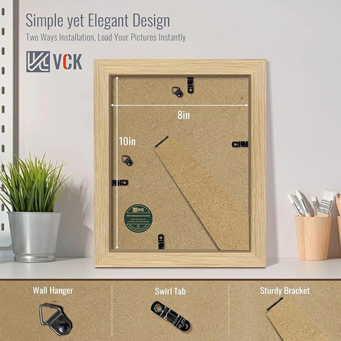 VCK 8x10 Picture Frame 2 Pack - Natural Oak, High-End Wood Poster Frames with Tempered Glass, Display 5x7 Photo with Mat or 8x10 without Mat, Art Gallery-Quality, Wall Hanging/Tabletop, Natural Oak