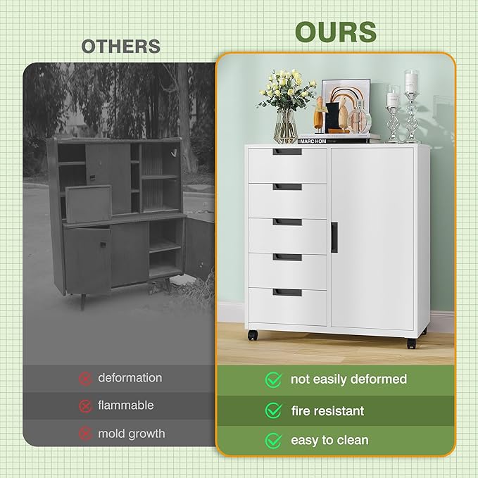 Office Storage Cabinet, 5 Drawer Metal Cabinet, Printer Stand with Storage Shelves, Mobile Storage Cabinet, Craft Storage Drawers for Home (White)