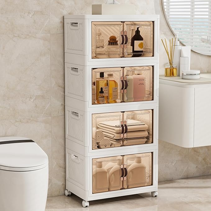 Storage Bins with Lids and Wheels, 398QT-99.5QT*4Tier Collapsible Bathroom Storage Cabinet with Clear Doors, Plastic Stackable Closet Organizers and Containers White