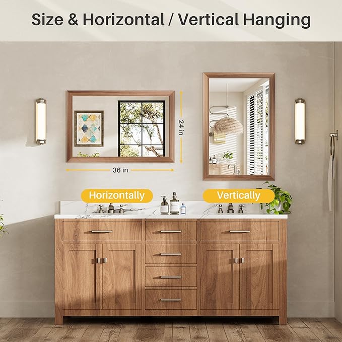 24x36 Inch Bathroom Mirror for Wall, Anti-Rust Walnut Wood Grain Metal Framed Bathroom Mirrors for Over Sink,Rectangler Mirrors for Bathroom Vanity, Farmhouse, Bedroom, Living Room, Entryway Decor