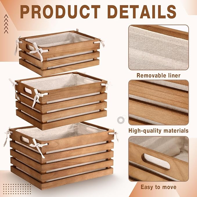3 Pack Wooden Crates with Liner, Multiple Sizes Wood Crates Decorative Storage Baskets Rustic & Farmhouse Decor for Display Home Pantry Bathroom Cabinets Kitchen Laundry Room Organizing