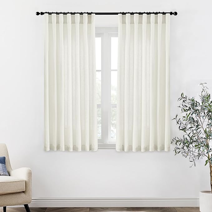 XTMYI Bathroom Window Curtains Short,Linen Cotton Sheer Boho Farmhouse Kitchen Curtains 45 Inch Length,Cream Ivory
