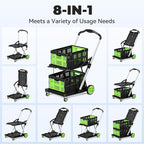 Collapsible Shopping Cart with Wheels, 8-in-1 200LBS Capacity Grocery Cart on Wheels with 2 Storage Crate, Folding Utility Cart for Shopping, Travel, Supermarket, Office, Green