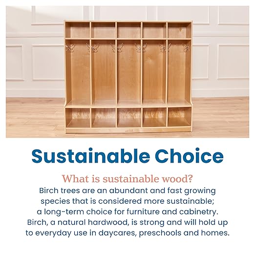 ECR4Kids 5-Section Coat Locker with Bench, Classroom Furniture, Natural