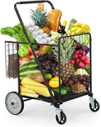 YITAHOME Folding Shopping Cart with Wheels, Rolling Foldable Grocery Cart with Rear Basket, Portable Collapsible Utility Cart with Reinforced mesh Bottom Panel for Shopping Groceries Laundry Storage