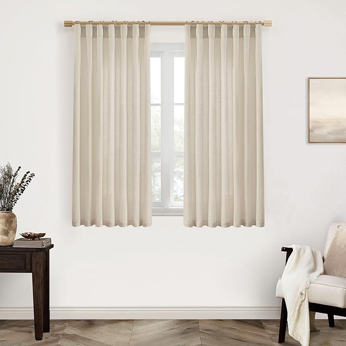 XTMYI Bathroom Window Curtains Short,Linen Sheer Boho Farmhouse Kitchen Curtains 45 Inch Length,Beige