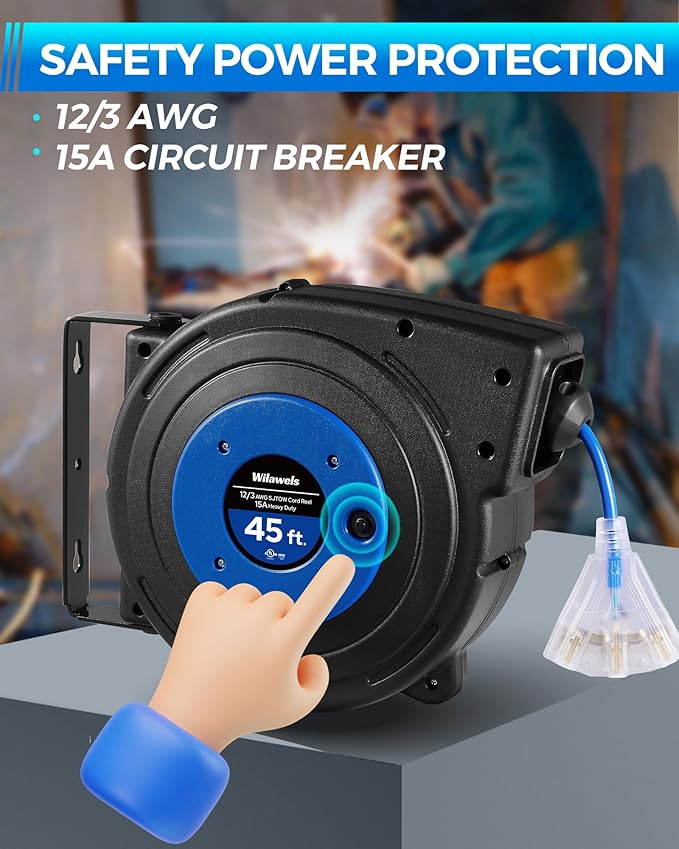 Retractable Extension Cord Reel, 45 FT Heavy Duty Power Cord, 12AWG/3C SJTOW, 3 Grounded Outlets Lighted Triple Tap, 15 Amp Circuit Breaker, UL Listed, Blue U45CR06