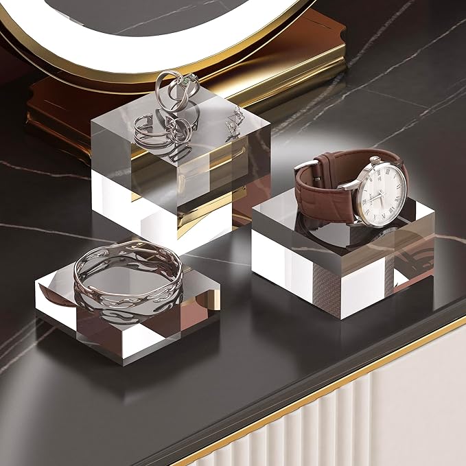 Acrylic Display Stands, 3 Graduated Sizes Acrylic Block Riser for Displaying Collection, Crystal Clear Acrylic Cube Pedestals for Jewelry Glass, Gem and Collectables, 2set