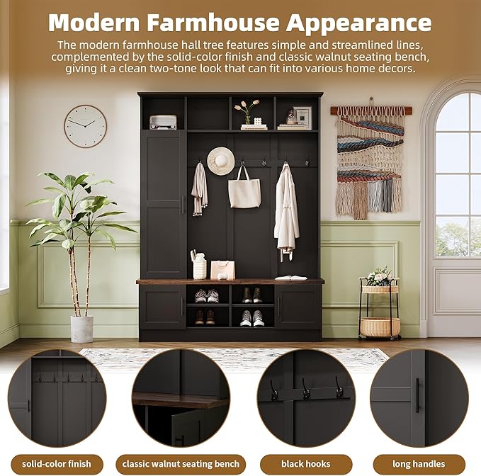 Merax Farmhouse Wood Hall Tree with Shoe Bench and 2 Drawers, 4-in-1 Coat Rack with 6 Hooks for Entrance, Hallway, Mudroom Black