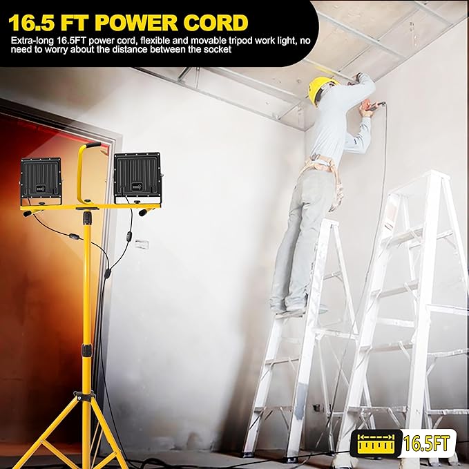 Work Lights with Stand 21000 Lumen, 2 Adjustable Heads Work Lights on Stand, with Adjustable and Foldable Tripod Light Stand for Outdoor Indoor Workshop Garage Construction Site Lighting