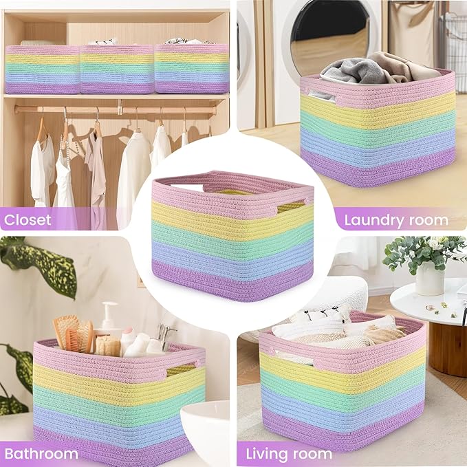 3 Pack Shelf Woven Storage Basket, 15 x 10 x 9” Closet Rope Baskets For Organizing, Square Bins with Handles, Rainbow
