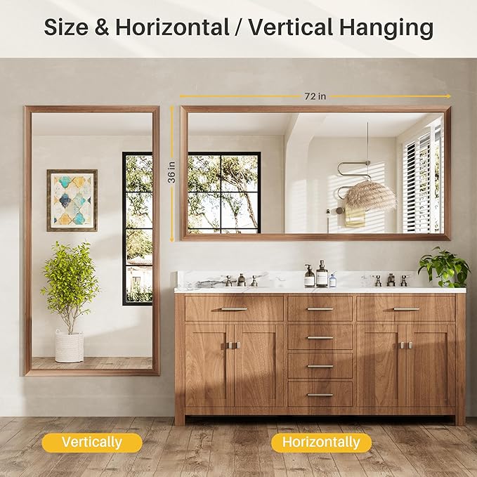 72x36 Inch Bathroom Mirror for Wall, Anti-Rust Walnut Wood Grain Metal Framed Bathroom Mirrors for Over Sink,Rectangler Mirrors for Bathroom Vanity, Farmhouse, Bedroom, Living Room, Entryway Decor