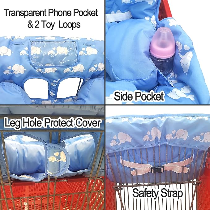 Love&go Soft Pillow Attached 2-in-1 Shopping Cart and High Chair Cover for Baby, Cotton Padded Cart Cover, Fold'n Roll Style, Portable with Carry Bag (Blue Elephant)