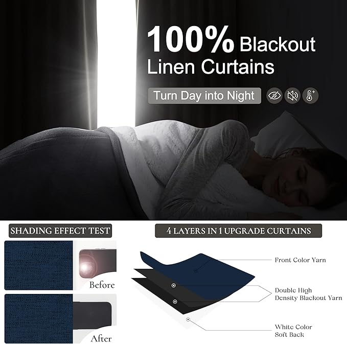 Navy Blue Blackout Curtains 108 Inch Length for Boys Rooms/Bedroom, Floor to Ceiling Track Pleated Drapes with Hooks Linen Thermal Coastal Curtain Dark Blue Window Burg 50"Wx108"Lx2Panels Back Tab