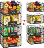 JKsmart Pantry Organizers and Storage, 4 Pack XL Stackable Wire Baskets with NamePlates, Metal Storage Bins for Snack Can Fruit Vegetable Spice