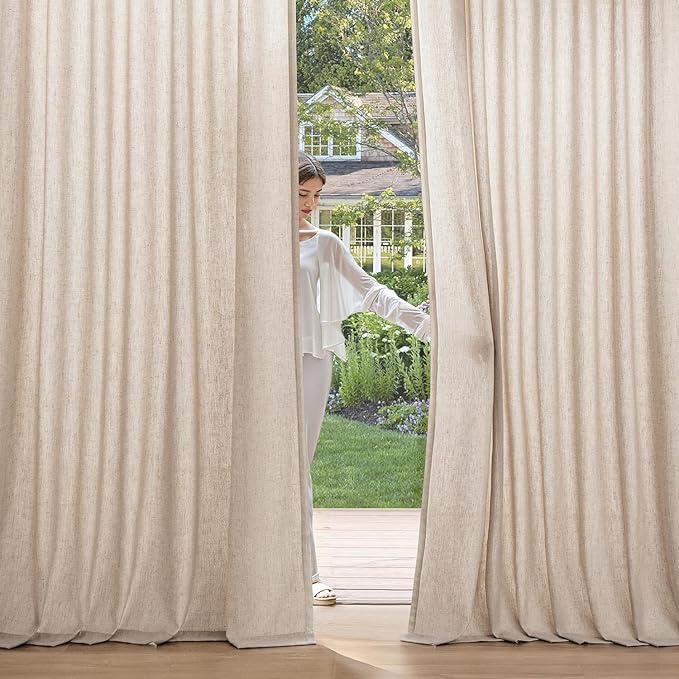 MIULEE Non-See-Through Privacy Linen Curtains 2 Panels, Light Filtering Window Curtains Farnhouse Textured Back Tab Semi Sheer Drapes for Bedroom Living Room, 52 x 63 Inches Long, Beige