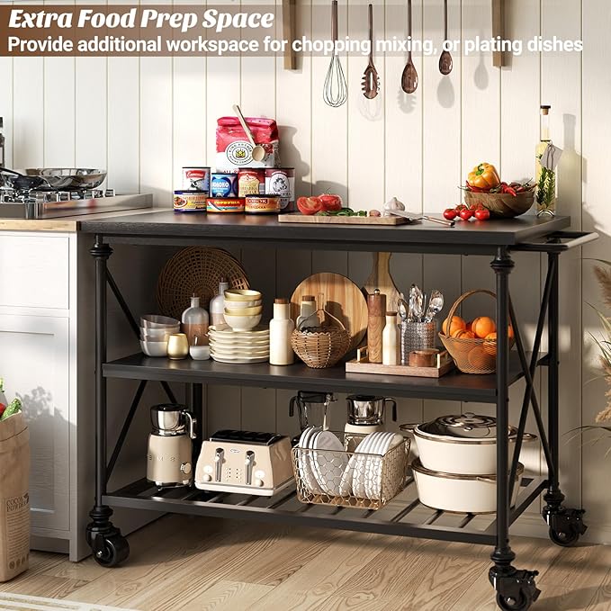 Homieasy Kitchen Island Cart with Wheels, 3-Tier Wood and Metal Rolling Kitchen Island Table with Pipe Legs, Storage Shelves & Lockable Casters for Kitchen Dining Room, Black
