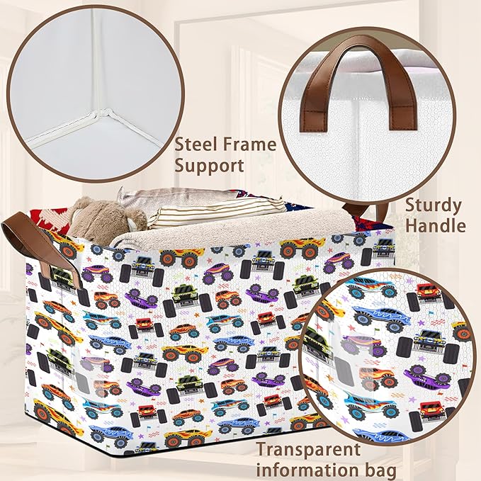 Cartoon Cars Storage Basket Large 17x11.5x10.5 Inche-Collapsible Fabric Organizer Bin with Handles for Bedroom,Living Room, Playroom-Foldable Decorative Hamper with Truck Graphic Design-Single Pack