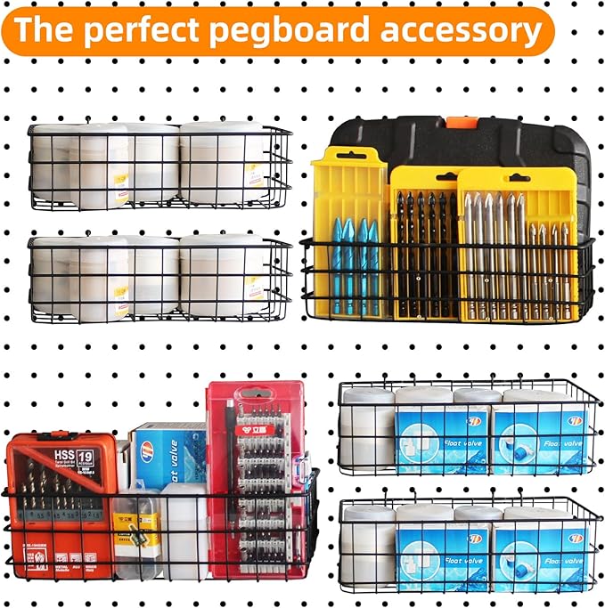 4 Pack Pegboard Baskets Hooks Set, Square Style 4 Size Peg Board Organizer Basket Bins Accessories for Workbench,Garage Storage,Tool Hanger