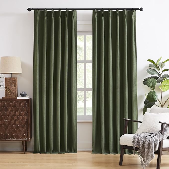 DUALIFE Olive Green Pinch Pleated Curtains 63 Inches Long Burg,Back Tab with Hooks, Cooling Heat Reflective Linen Drapes for Bedroom Track System(Olive,2 Panels W40 xL63)
