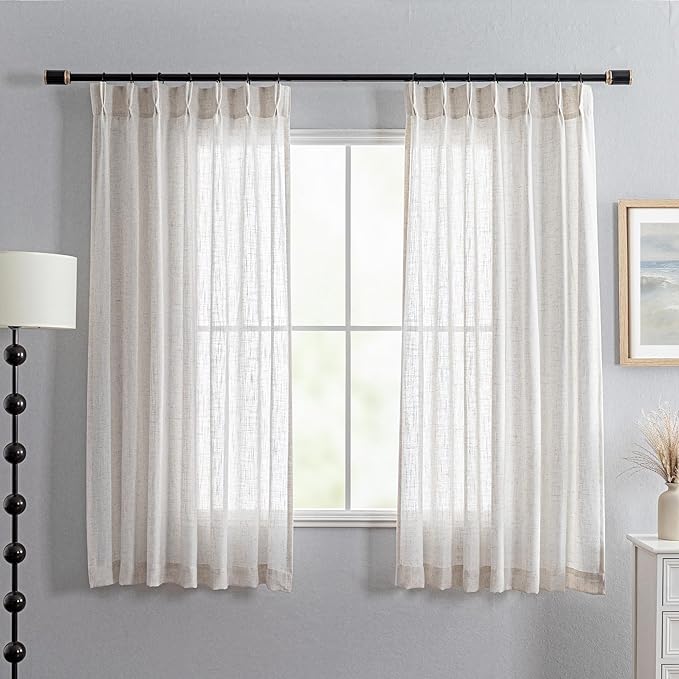 MYSKY HOME Linen Curtains 63 Inch Length for Bedroom, Semi Sheer Curtains Light Filtering Window Panels Pinch Pleated Privacy Protect Drapes, Boho Farmhouse Texture Soft Touch, 40" x 63", 2 Panels