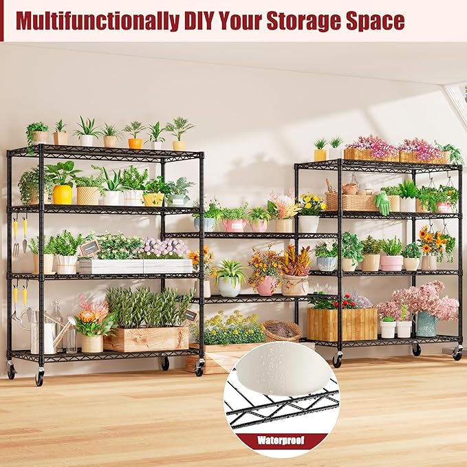 PrimeZone 48" W x 24" D x 81" H Heavy Duty Wire Storage Shelves with Wheels, 5 Tier Adjustable NSF Certified Garage Shelving Unit, Rolling Metal Organizer Shelf Utility Rack for Warehouse, Pantry